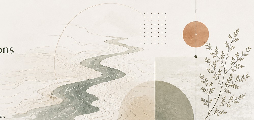 Abstract river system with topographic, geometric, and botanical elements